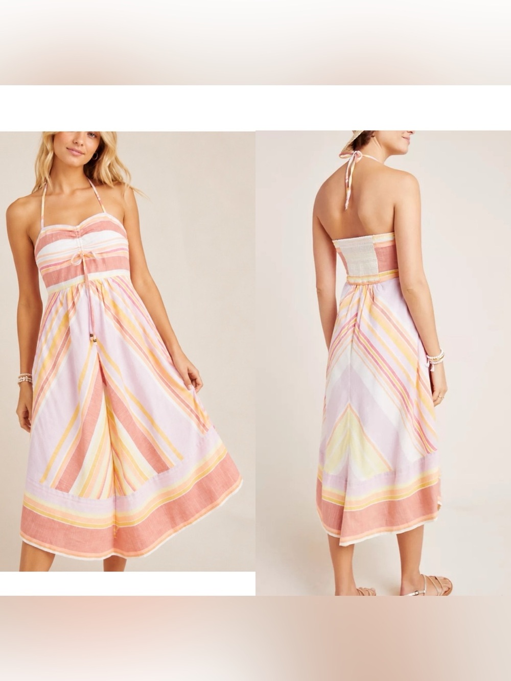 By Anthropologie Savannah 100% Cotton Halter Midi Multi Stripe Sundress Womens 4